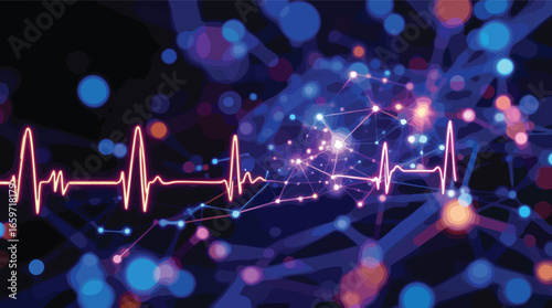 Digital Heartbeat EKG Line Overlaying Abstract Network of Lights and Bokeh electrocardiogram.