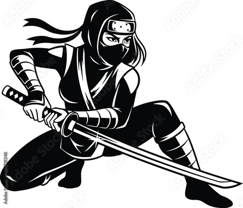 Dynamic black and white vector illustration of a fierce female warrior in a ready stance, armed with a traditional katana blade.