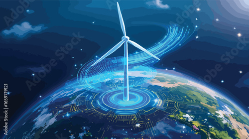 Wind Turbine Generating Energy on Earth with Digital Energy Flow renewable energy sustainability.