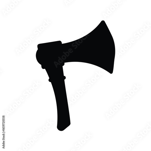 A silhouetted image of a formidable axe with a wooden handle
