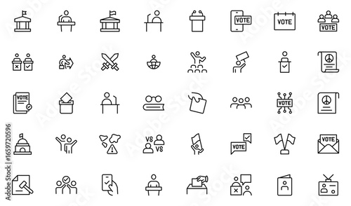 Politics line icon set. It contains vector icons of Teams, Decrees, Votes, Campaigns, Demographics, Elections, Flags, Solutions, and Checking. Thin outline icons pack.