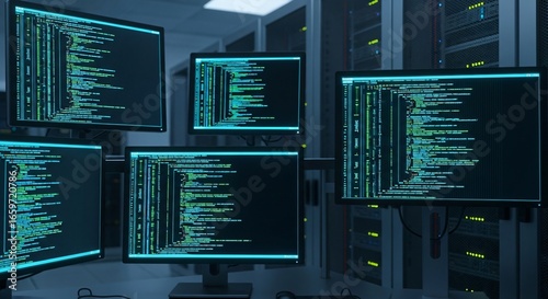 Multiple computer monitors displaying lines of code in a server room.