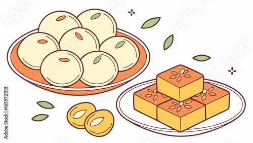 A delightful illustration of indian sweets including round laddu and square barfi served on plates with decorative elements