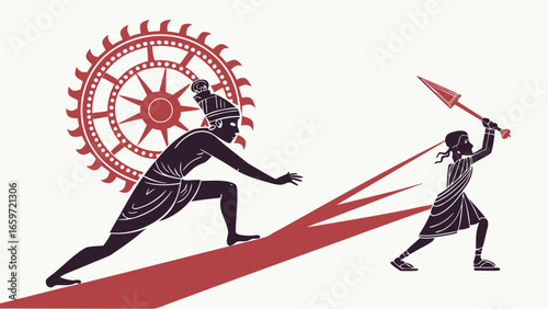 Ancient greek warrior with spear confronts a figure pushing a large serrated wheel in a stylized battle scene