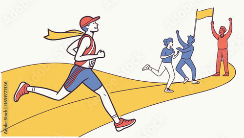 Athletes racing towards the finish line with cheering spectators and a victory flag waving