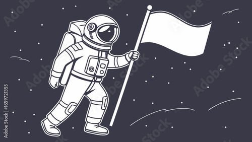 Astronaut planting a flag on an alien planet with stars and nebulae in the background