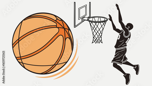 Basketball player in silhouette jumping to dunk the ball into the hoop with motion lines