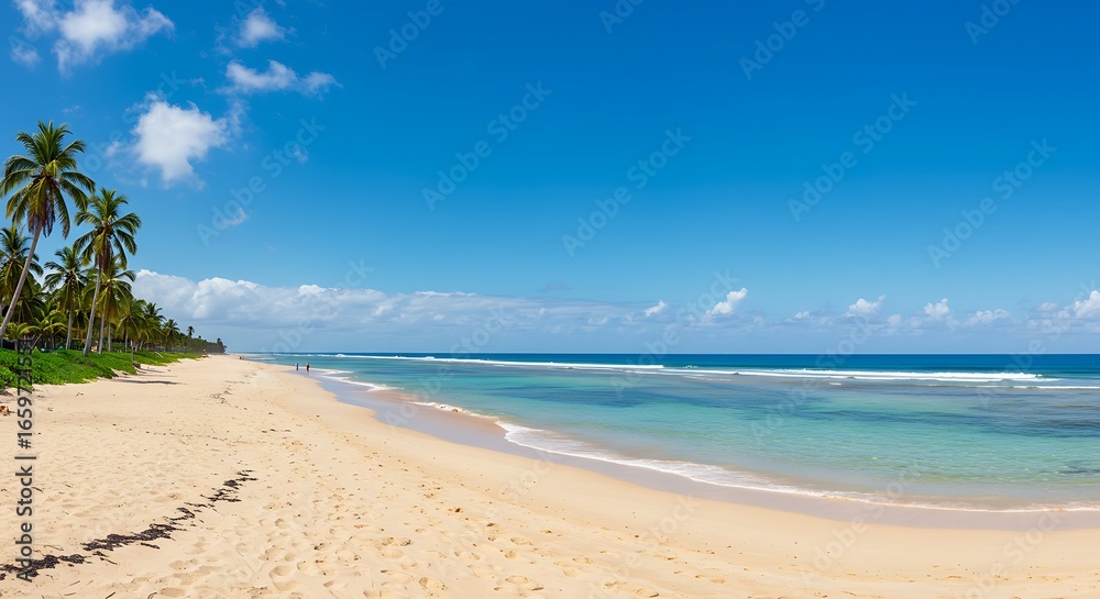 Fototapeta premium Palm trees line the sandy beach on a tropical island under a clear blue sky, creating a serene and idyllic vacation scene.