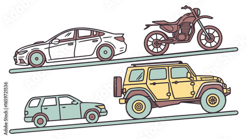 Collection of stylized cartoon vehicles including a sedan suv off road vehicle and motorcycle on a white background