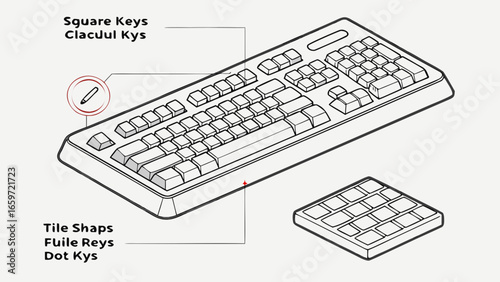 Detailed illustration of a computer keyboard with emphasis on keycap shapes and a separate number pad