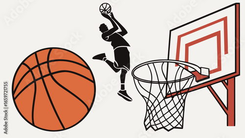 Dynamic silhouette of a basketball player dunking with a ball and hoop on a light background