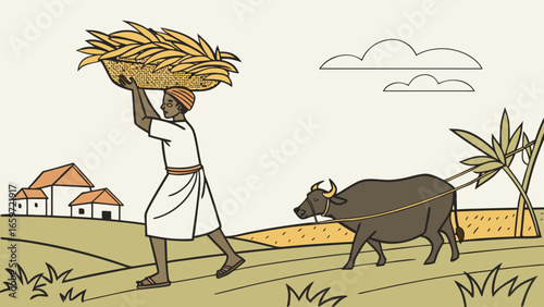 Farmer carrying harvested crops on head with ox plowing field in rural village setting