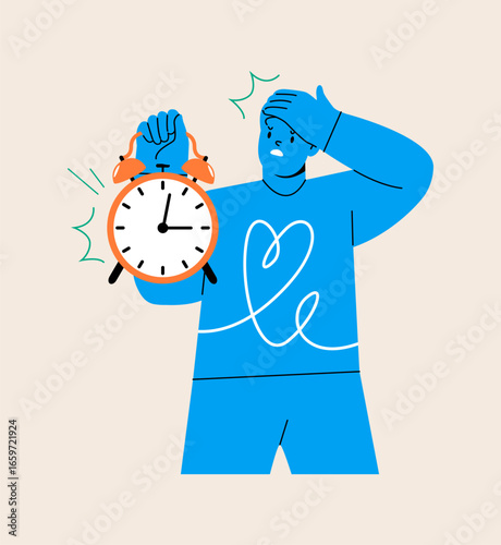Man is showing clock. Time out concept. Colorful vector illustration
