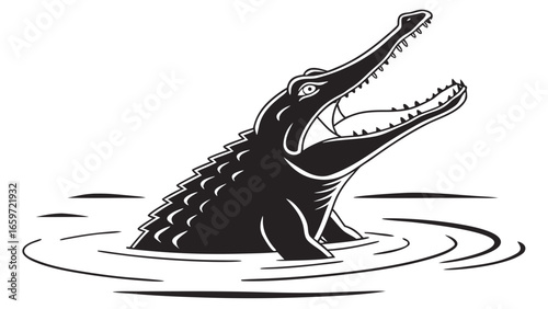 Fierce black and white illustration of a crocodile emerging from water with its mouth wide open
