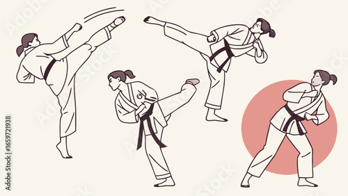 Female martial artist in traditional uniform performing dynamic kicks and stances in a stylized illustration