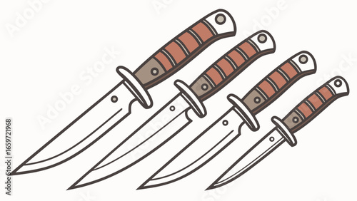 Four stylized combat knives with stacked leather handles arranged diagonally on a white background