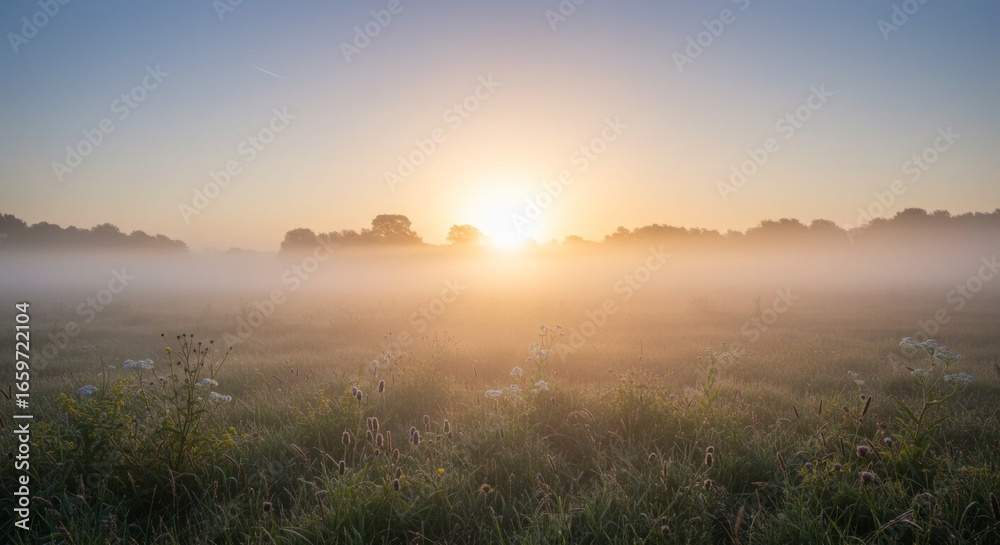 Obraz premium Misty Sunrise Over a Field