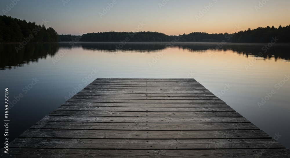 Obraz premium Serene Sunrise Over Calm Lake With Wooden Dock