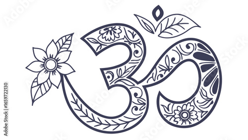 Intricate om symbol adorned with floral patterns and leaves representing spirituality and peace