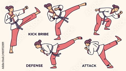 Martial arts practitioner demonstrating various offensive and defensive kicking techniques in a stylized illustration