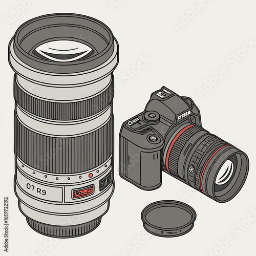 Modern dslr camera with a large telephoto lens and lens cap isolated on a light background