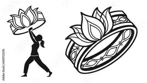 Silhouette of a woman holding a lotus flower ring above her head with a detailed ring design