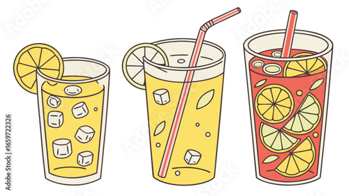 Refreshing summer drinks featuring lemonade and fruit punch with ice and straws