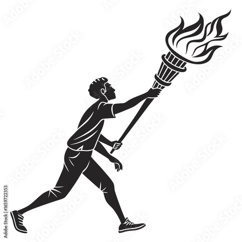 Silhouette of a determined athlete running with a flaming torch symbolizing victory and achievement