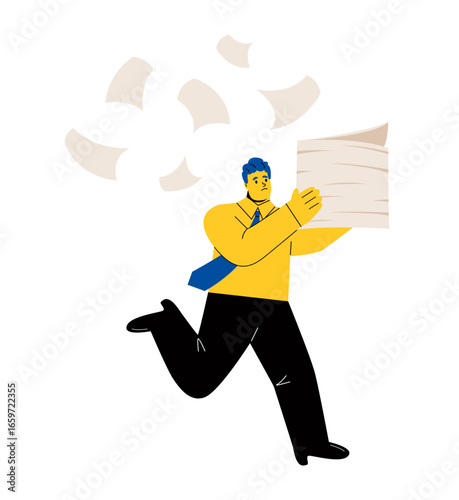 Unhappy business man holding a big pile of documents. Stress concept. Flat vector illustration isolated on white background
