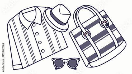 Stylish striped shirt fedora hat sunglasses and striped tote bag for a summer vacation outfit