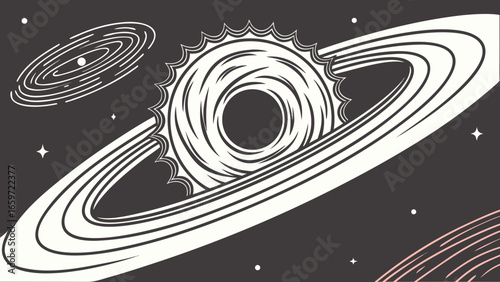 Stylized black and white illustration of a swirling black hole with accretion disk and distant galaxy in deep space
