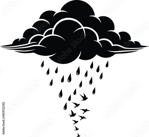 Stylized Black Cloud with Rain and Birds:  Vector Illustration, Melancholic Mood, Nature Theme