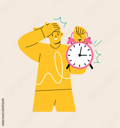 Woman is showing clock. Time out concept. Colorful vector illustration
