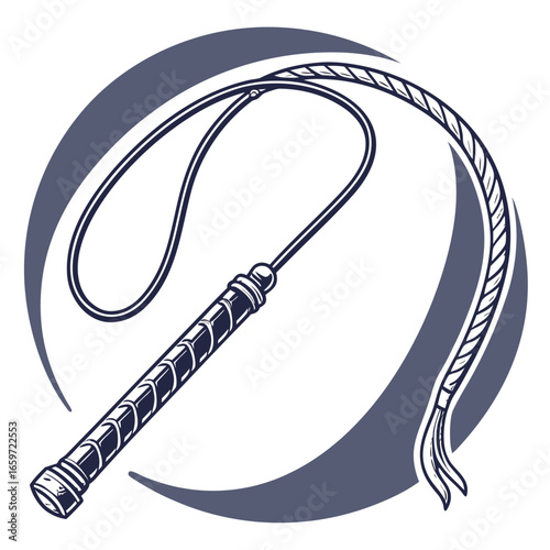 Stylized illustration of a braided whip with a curved handle inside a circular graphic element