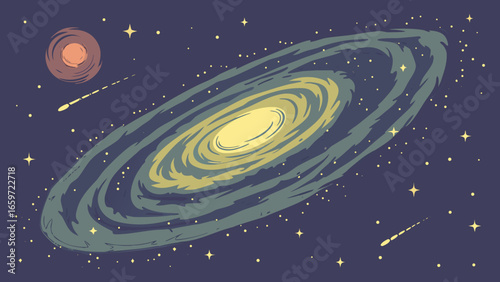Stylized illustration of a spiral galaxy with a bright yellow core and swirling arms in deep space with stars and a comet
