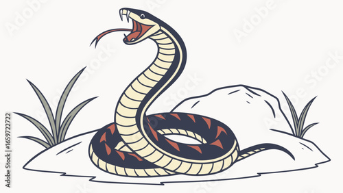 Stylized illustration of a striking cobra with fangs bared and tongue flicking in a desert landscape
