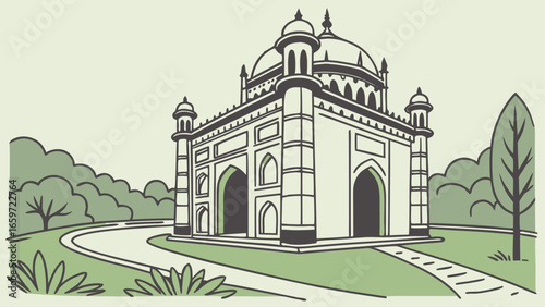 Stylized illustration of an indian monument with domes and arches surrounded by greenery and a winding path
