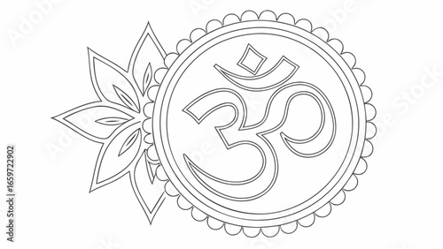 Stylized om symbol with lotus flower petals in a circular mandala design outline