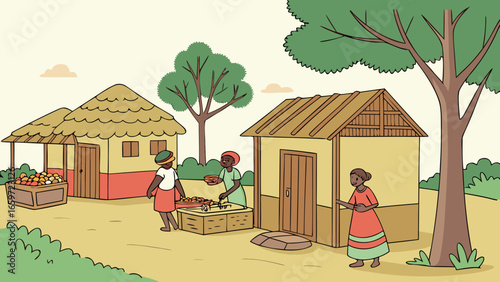 Three women in traditional clothing interact in a village setting with thatched roof huts and trees