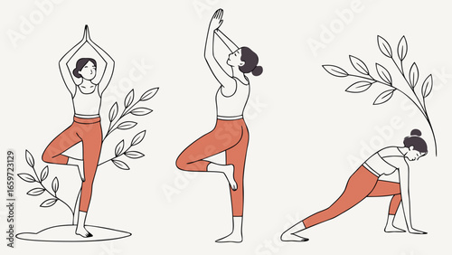 Three women performing yoga poses including tree pose and warrior pose with decorative branches