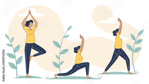 Three women practicing yoga outdoors in various poses surrounded by plants and soft organic shapes