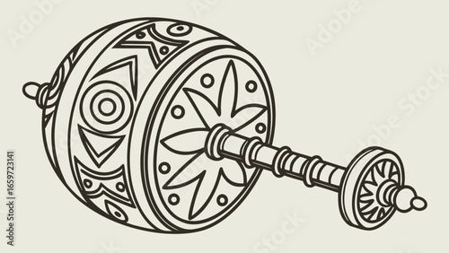 Tibetan prayer wheel with intricate decorative patterns and a central handle for spinning