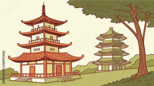 Traditional japanese pagodas with curved roofs and a large tree in a serene landscape