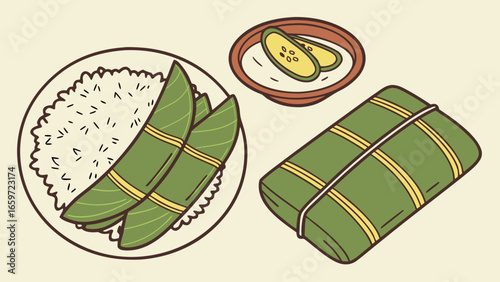 Traditional vietnamese banh chung and banh tet rice cakes with dipping sauce and white rice