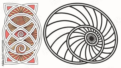Two abstract geometric designs one a celtic knot pattern with spirals and rays the other a nautilus shell cross section