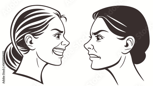 Two women facing each other in profile with angry and aggressive expressions conveying conflict and disagreement