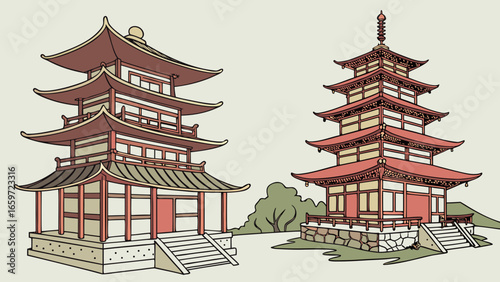Two traditional japanese pagodas with tiered roofs and intricate architectural details set against a neutral background