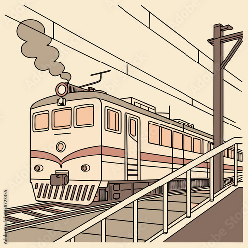 Vintage electric train with smoke billowing from its chimney on a railway track