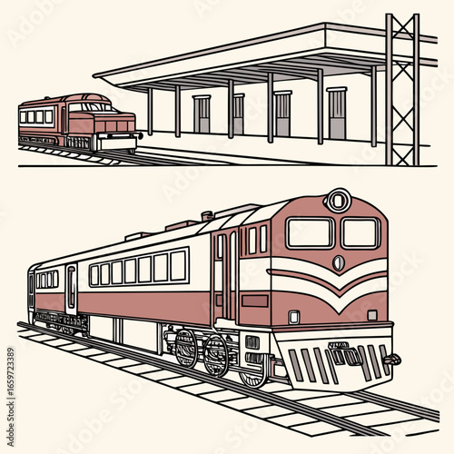Vintage train engine and carriage parked at a station platform with a simple architectural design