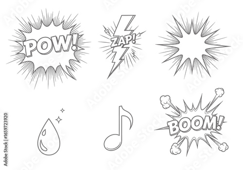 A collection of black and white comic book style sound effect bubbles and graphic icons.